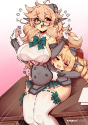 Rule 34 | 2girls, battleship, blonde hair, blush, bow, bowtie, breasts, commentary, commission, desk, detached sleeves, dress, drill hair, english commentary, garrison cap, glasses, gloves, green-framed eyewear, green bow, green bowtie, grey dress, grey headwear, grey sleeves, hat, headgear, kantai collection, large breasts, long hair, military, military vehicle, multiple girls, on desk, open mouth, original, personification, pleated dress, plump, ribbon-trimmed legwear, ribbon trim, ship, sitting, on desk, squeezing, thighhighs, thighs, twin drills, uss maryland (bb-46), uss west virginia (bb-48), virus-g, warship, watercraft, white gloves, white thighhighs, yellow eyes