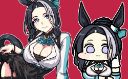 Rule 34 | 1girl, :3, animal ears, aqua ascot, arm under breasts, black hair, braid, braided bun, breasts, cleavage, clothes lift, commentary, ear ornament, eyebrows hidden by hair, garter straps, gloves, hair bun, hair over one eye, horse ears, horse girl, horse tail, horseshoe ornament, jacket, jazz jack, lace, lace-trimmed legwear, lace trim, large breasts, light particles, long sleeves, mejiro ramonu (umamusume), mole, mole under eye, multicolored hair, parted bangs, purple eyes, red background, sidelocks, simple background, skirt, skirt lift, smile, tail, thighhighs, two-tone hair, umamusume, white gloves, white jacket, wide face