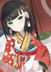 Rule 34 | 1girl, absurdres, aqua bow, aramedraw, arm on knee, black hair, bow, cherry blossom print, closed mouth, commentary, earrings, floral print, flower, foot out of frame, green eyes, hair flower, hair ornament, hairclip, highres, japanese clothes, jewelry, kimono, long sleeves, looking at viewer, multicolored background, multicolored bow, multicolored clothes, multicolored kimono, multicolored sash, obi, original, print kimono, red bow, red kimono, red ribbon, red umbrella, ribbon, sash, short hair, solo, thighhighs, umbrella, white bow, white flower, white thighhighs, wide sleeves, yellow sash