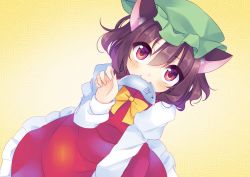 Rule 34 | 1girl, :3, animal ears, blush, bow, brown hair, cat ears, chen, fish, fish in mouth, frilled hat, frilled skirt, frills, green hat, hair between eyes, hat, highres, kujou mikuru, long sleeves, looking at viewer, looking up, mob cap, nekomata, no tail, patterned background, red eyes, red skirt, red vest, shirt, short hair, skirt, skirt set, solo, touhou, vest, white shirt, x x, yellow background, yellow bow, yellow neckwear