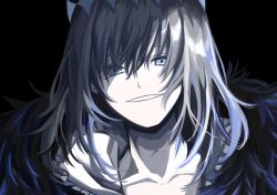Rule 34 | 1boy, 1tylenol f, alternate hair color, arthropod boy, black background, black fur, black hair, blouse, blue eyes, collared shirt, commentary request, crown, dark persona, diamond hairband, evil smile, fate/grand order, fate (series), fur collar, highres, long sleeves, looking at viewer, male focus, medium hair, no wings, oberon (fate), oberon (third ascension) (fate), official alternate costume, portrait, shirt, simple background, smile, solo, spoilers, teeth, white shirt