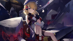 Rule 34 | 1girl, absurdres, azur lane, bare shoulders, beret, blonde hair, bow, breasts, buttons, cross, detached sleeves, double-breasted, feet out of frame, gloves, hair between eyes, hair bow, hat, highres, hiraba, iron cross, medium breasts, medium hair, purple eyes, purple hat, rigging, shorts, sitting, solo, white gloves, z23 (azur lane)
