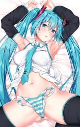 Rule 34 | 1girl, absurdres, aqua hair, aqua necktie, armpits, arms up, black thighhighs, blue eyes, blush, boots, breasts, collared shirt, commentary request, detached sleeves, gluteal fold, groin, hair between eyes, hair ornament, hatsune miku, head tilt, highres, jack dempa, long hair, looking at viewer, lying, medium breasts, navel, necktie, on back, open mouth, panties, pocket, shirt, sidelocks, skindentation, sleeveless, sleeveless shirt, solo, stomach, striped clothes, striped panties, sweat, thigh boots, thighhighs, twintails, underwear, unworn panties, very long hair, vocaloid, white shirt