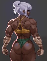 Rule 34 | 1girl, ass, bandage on face, bandages, blue eyes, clenched hands, dark skin, dlusionalx, frown, hair bun, hand wraps, highres, huge ass, looking back, muscular, muscular female, original, scar, scar on face, single hair bun, solo, tank top, thick thighs, thighs, white hair
