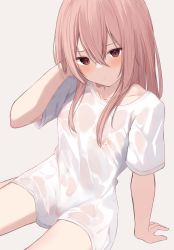 Rule 34 | 1girl, absurdres, arm support, blush, breasts, brown eyes, brown hair, closed mouth, commentary request, covered erect nipples, grey background, hand up, highres, inui sajuna, long hair, looking at viewer, memekko, nipples, see-through, shirt, short sleeves, simple background, sitting, small breasts, solo, sono bisque doll wa koi wo suru, wet, wet clothes, wet shirt, white shirt