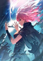 Rule 34 | 1girl, black cape, black dress, blue background, breasts, cape, character name, collar, detached sleeves, dress, floating cape, floating hair, highres, holding tiara, hololive, hololive english, junghoonpic7777, large breasts, long hair, mori calliope, multiple hands, pink eyes, pink hair, shoulder grab, single detached sleeve, spiked collar, spikes, virtual youtuber