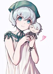 Rule 34 | 1boy, 1girl, aqua eyes, bare arms, bracelet, brother and sister, character doll, chinese commentary, collarbone, commentary, doll, drawn heart, dress, dress ribbon, frilled dress, frills, green headwear, green ribbon, grey background, hair between eyes, head tilt, headwear request, heart, highres, holding, holding doll, ikooto111, jewelry, light blush, looking at viewer, nier, nier (series), nier (brother), ribbon, short hair, siblings, simple background, sleeveless, sleeveless dress, smile, upper body, white dress, white hair, yonah