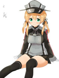 Rule 34 | 10s, 1girl, anchor hair ornament, black thighhighs, blonde hair, blush, breasts, female focus, gloves, hair ornament, hat, kaisen chuui, kantai collection, large breasts, long hair, long sleeves, looking at viewer, microskirt, military, military uniform, peaked cap, prinz eugen (kancolle), simple background, skirt, smile, solo, thighhighs, twintails, uniform, white background, white gloves, zettai ryouiki