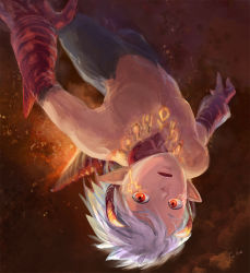 Rule 34 | 1boy, breath of fire, breath of fire v, commentary request, dragon boy, facial mark, horns, male focus, monster boy, ryuu (breath of fire v), topless male, solo, toko (tokkotoritori)