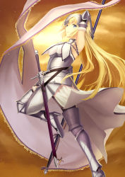 Rule 34 | 1girl, absurdres, arm behind head, armor, banner, blonde hair, blue eyes, ccjn, chain, fate/apocrypha, fate/grand order, fate (series), faulds, gauntlets, hair down, headpiece, highres, jeanne d&#039;arc (fate), jeanne d&#039;arc (ruler) (fate), jeanne d&#039;arc (third ascension) (fate), light smile, looking back, solo, sword, thighhighs, weapon