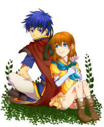 Rule 34 | 1boy, 1girl, back-to-back, blue eyes, blue hair, brother and sister, brown hair, cape, fire emblem, fire emblem: path of radiance, flower, gloves, grass, hair tubes, headband, ike (fire emblem), kumakosion, mist (fire emblem), nintendo, scarf, serious, siblings, sitting, smile