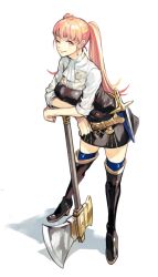 Rule 34 | 1girl, axe, belt, blue thighhighs, boots, breasts, closed mouth, female focus, fire emblem, fire emblem: three houses, garreg mach monastery uniform, high heel boots, high heels, hilda valentine goneril, holding, holding axe, knee boots, long hair, looking at viewer, matching hair/eyes, medium breasts, nintendo, one eye closed, pink eyes, pink hair, simple background, smile, solo, standing, thighhighs, thighhighs under boots, thighs, twintails, ugonba (howatoro), uniform, weapon, white background, wink, zettai ryouiki