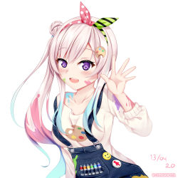 Rule 34 | 1girl, :d, absurdres, airani iofifteen, airani iofifteen (1st costume), blue hair, blush, breasts, chrisandita, collarbone, commentary, dated, diagonal stripes, green hairband, grey hair, hair between eyes, hair bun, hair ornament, hairband, hand up, highres, hololive, hololive indonesia, long sleeves, medium breasts, multicolored hair, open mouth, overalls, paint on clothes, paint splatter, paint splatter on face, polka dot, print shirt, purple eyes, red hair, red hairband, shirt, side bun, side ponytail, simple background, single hair bun, single side bun, smile, solo, star (symbol), star in eye, striped, symbol in eye, teeth, twitter username, upper body, upper teeth only, virtual youtuber, white background, white shirt
