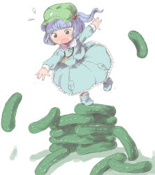 Rule 34 | 1girl, bad id, bad pixiv id, black hair, blue eyes, blush, cucumber, falling, female focus, hair bobbles, hair ornament, hat, highres, hozumiare, jewelry, kawashiro nitori, key, mini person, minigirl, necklace, open mouth, outstretched arms, pendant, shirt, skirt, skirt set, solo, stacking, touhou, twintails, two side up, wavy mouth