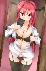 Rule 34 | 1girl, absurdres, black bra, blush, bra, breasts, cellphone, cleavage, garter straps, head wings, highres, koakuma, large breasts, long hair, masegohan, mirror, no pants, open clothes, open shirt, phone, red eyes, red hair, selfie, shirt, smartphone, smile, solo, thighhighs, touhou, underwear, wings