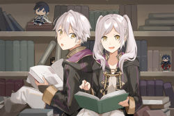 Rule 34 | 2boys, 3girls, book, bookshelf, character doll, chrom (fire emblem), dual persona, fire emblem, fire emblem awakening, fire emblem heroes, leaning on person, library, long hair, looking at viewer, looking back, lucina (fire emblem), menoko, multiple boys, multiple girls, nintendo, open mouth, reading, robin (female) (fire emblem), robin (fire emblem), robin (male) (fire emblem), sitting, tharja (fire emblem), twintails, white hair, yellow eyes
