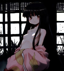 Rule 34 | 1girl, bare shoulders, black hair, blush, breasts, brown eyes, female focus, flat chest, houraisan kaguya, long hair, mizumoto tadashi, nipples, off shoulder, small breasts, solo, staring, topless, topless frame, touhou, undressing, upper body, wide sleeves