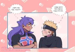 Rule 34 | 2boys, ?, blonde hair, blush, closed mouth, commentary request, creatures (company), crossed arms, crossover, dark-skinned male, dark skin, eye contact, facial hair, game freak, headband, korean commentary, korean text, leon (pokemon), long hair, looking at another, male focus, mongz, multiple boys, naruto (series), naruto shippuuden, nintendo, pokemon, pokemon swsh, purple hair, shirt, short sleeves, translation request, upper body, uzumaki naruto, zipper pull tab