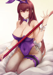 Rule 34 | 1girl, absurdres, animal ears, arturaxia, bed, detached collar, fake animal ears, fate/grand order, fate (series), fishnet pantyhose, fishnets, gae bolg (fate), hairband, highres, holding, holding weapon, leotard, long hair, official alternate costume, on bed, pantyhose, playboy bunny, polearm, purple hair, purple hairband, purple leotard, purple neckwear, rabbit ears, red eyes, scathach (fate), scathach (piercing bunny) (fate), smile, solo, spear, strapless, strapless leotard, very long hair, weapon, wrist cuffs