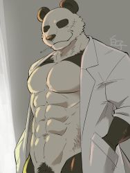 Rule 34 | 1boy, abs, animal ears, bara, bare pectorals, beastars, black fur, cigarette, closed eyes, coat, furry, furry male, gouhin, highres, lab coat, large pectorals, looking at viewer, male focus, male pubic hair, muscular, muscular male, naked coat, navel, nipples, no nipples, open clothes, open coat, out-of-frame censoring, panda boy, panda ears, pectorals, pubic hair, shirako (kirupi), smile, solo, stomach, two-tone fur, white fur