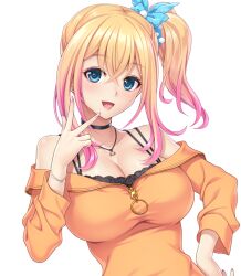 Rule 34 | 1girl, blue eyes, blush, bow, bowtie, bra, breasts, choker, cleavage, crossed bangs, erocas! ~papakatsu gyaru no wana~, eyebrows hidden by hair, female focus, fujimiya haruka, game cg, hair ornament, hair scrunchie, hand on own hip, happy, large breasts, light blush, looking at viewer, multicolored hair, off shoulder, open mouth, original, scrunchie, side ponytail, simple background, smile, solo, striped, striped bow, tachi-e, transparent background, two-tone hair, underwear, upper body, w, yoshino keiko, zipper