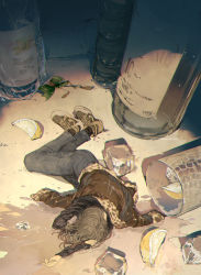 Rule 34 | 1girl, alcohol, artist name, black shirt, blue pants, bottle, bow, brown jacket, commentary request, demizu posuka, food, fruit, full body, glass, green bow, grey hair, highres, ice, ice cube, jacket, jacket on shoulders, lemon, lemon slice, long hair, long sleeves, lying, mini person, minigirl, on side, original, oversized object, pants, shirt, shoes, sneakers, solo, spill, unconscious