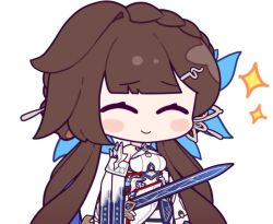 Rule 34 | 1girl, breasts, brown hair, chibi, china dress, chinese clothes, closed eyes, closed mouth, dress, eta, hair ornament, holding, holding sword, holding weapon, honkai (series), honkai impact 3rd, large breasts, li sushang, li sushang (jade knight), long hair, pelvic curtain, simple background, smile, solo, sword, twintails, weapon, white background, white dress