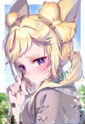 Rule 34 | 1girl, absurdres, animal ears, blonde hair, blurry, blurry background, blurry foreground, blush, commentary request, embarrassed, flower, fox ears, fox girl, from side, grass, twirling hair, hand up, heart, heart-shaped pupils, highres, hololive, kio is here, long hair, looking at viewer, multicolored hair, official alternate costume, omaru polka, omaru polka (street casual), pink hair, portrait, purple eyes, side ponytail, solo, streaked hair, symbol-shaped pupils, virtual youtuber, white flower