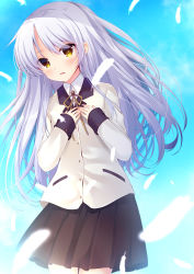 Rule 34 | 1girl, absurdres, angel beats!, blazer, blue sky, blush, brown eyes, brown ribbon, brown skirt, collared shirt, commentary request, day, dress shirt, feathers, hair between eyes, hands up, highres, jacket, ko yu, long hair, long sleeves, looking at viewer, neck ribbon, outdoors, parted lips, pleated skirt, ribbon, school uniform, shirt, silver hair, skirt, sky, sleeves past wrists, smile, solo, tenshi (angel beats!), very long hair, white feathers, white jacket, white shirt