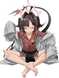 Rule 34 | 1girl, ahoge, barefoot, black shorts, blue archive, brown hair, closed eyes, closed mouth, coat, collarbone, feet, full body, halo, highres, horns, indian style, kasumi (blue archive), long hair, mishima hiroji, red shirt, revision, shirt, shorts, simple background, sitting, sleeves past fingers, sleeves past wrists, solo, tail, toes, white background, white coat