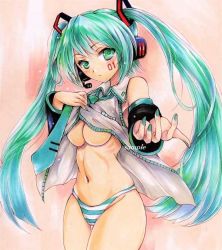 Rule 34 | 1girl, alternate eye color, aqua hair, aqua nails, bare shoulders, breasts, cameltoe, closed mouth, commentary, cowboy shot, detached sleeves, green hair, hair ornament, hatsune miku, headset, izumontan, lifting own clothes, long hair, looking at viewer, loose necktie, marker (medium), multicolored hair, nail polish, navel, necktie, no bra, number tattoo, outstretched hand, panties, ribs, sample watermark, simple background, smile, solo, striped clothes, striped panties, tattoo, thigh gap, thighs, traditional media, two-tone hair, underboob, underwear, vocaloid, watermark