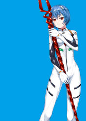Rule 34 | 1girl, absurdres, ano hito, ayanami rei, bident, blue background, blue hair, bodysuit, breasts, commentary request, expressionless, highres, holding, holding polearm, holding weapon, lance, lance of longinus (evangelion), neon genesis evangelion, plugsuit, polearm, red eyes, short hair, small breasts, solo, unfinished, weapon, white bodysuit