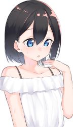 Rule 34 | 1girl, bare shoulders, black hair, blue eyes, blush, chestnut mouth, collarbone, commentary request, fanning self, hair between eyes, hand up, highres, looking away, off-shoulder shirt, off shoulder, original, parted lips, shirt, simple background, solo, suzunari shizuku, sweat, upper body, white background, white shirt, yuki arare