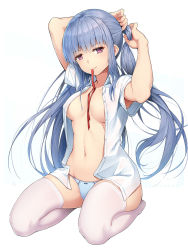 Rule 34 | 1girl, areola slip, armpit peek, arms up, artist name, blue background, blue hair, blue panties, blush, breasts, breasts apart, closed mouth, collared shirt, dress shirt, finger gun, full body, highres, long hair, looking at viewer, medium breasts, mouth hold, navel, no bra, one side up, open clothes, open shirt, original, panties, purple eyes, shenhai (2556146833), shirt, short sleeves, sitting, smile, solo, stomach, striped clothes, striped thighhighs, thighhighs, tying hair, unbuttoned, unbuttoned shirt, underwear, vertical-striped clothes, vertical-striped thighhighs, very long hair, white thighhighs