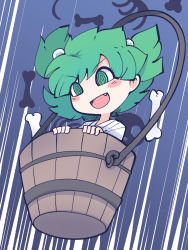 Rule 34 | 1girl, :d, bone, bucket, chahan (fried rice0614), fang, full body, green eyes, green hair, hair bobbles, hair ornament, highres, kisume, one-hour drawing challenge, open mouth, short hair, smile, solo, touhou, two side up, v-shaped eyebrows, wooden bucket