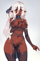 Rule 34 | 1girl, barbariank, bare shoulders, black gloves, black ribbon, black thighhighs, breasts, bridal gauntlets, commentary, covered erect nipples, cowboy shot, dark-skinned female, dark skin, elbow gloves, elf, eyes visible through hair, gloves, gluteal fold, grey background, hair between eyes, hair ribbon, highres, long hair, looking at viewer, medium breasts, navel, original, pelvic curtain, pointy ears, red hair, ribbon, see-through, simple background, smile, solo, split mouth, symbol-only commentary, thighhighs, white hair