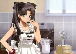 Rule 34 | 1girl, absurdres, apron, black hair, blue eyes, fate/stay night, fate (series), hand on own hip, highres, kitchen, long hair, looking at viewer, nakajima atsuko, naked apron, plate, ribbon, scrunchie, solo, tasting, tasting plate, tile wall, tiles, tohsaka rin, twintails, two side up, window, wrist scrunchie