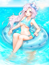 Rule 34 | 1girl, annyeongbangawo, bare arms, bare legs, bare shoulders, bikini, blue bikini, blue bow, blue sky, blush, bow, breasts, cloud, commentary request, day, floating hair, hair bow, highres, horizon, innertube, korean commentary, maplestory, medium breasts, ocean, outdoors, parted bangs, parted lips, pink hair, red eyes, signature, sky, solo, striped, striped bow, sun, sweat, swim ring, swimsuit, tankini, underboob, water