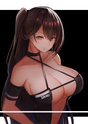 Rule 34 | 1girl, absurdres, armband, azur lane, bare shoulders, black background, breasts, brown hair, center opening, character name, choker, cleavage, collarbone, commentary request, criss-cross halter, halterneck, highres, large breasts, long hair, looking at viewer, one side up, pnatsu, race queen, red eyes, revealing clothes, sleeveless, slit pupils, smile, solo, upper body, very long hair, zuikaku (azur lane), zuikaku (the wind&#039;s true name) (azur lane)
