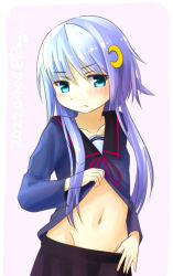 Rule 34 | 1girl, black skirt, blue sailor collar, blue shirt, cleft of venus, clothes lift, commentary request, crescent, crescent hair ornament, dated, hair ornament, kantai collection, looking at viewer, navel, one-hour drawing challenge, pleated skirt, purple hair, ray.s, sailor collar, school uniform, serafuku, shirt, short hair, short hair with long locks, skirt, solo, twitter username, yayoi (kancolle)