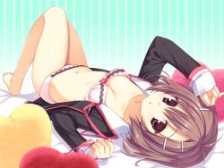 Rule 34 | 1girl, bare legs, barefoot, bow, bow bra, bra, breasts, brown eyes, brown hair, cleavage, hair ornament, hairclip, hattori aya, highres, koiiro soramoyou, lace, lace-trimmed bra, lace-trimmed panties, lace trim, lingerie, lying, muririn, navel, on back, open clothes, open shirt, panties, pink bra, pink panties, polka dot, polka dot bra, polka dot panties, ribbon, school uniform, shirt, short hair, sleeves past wrists, small breasts, solo, striped, striped background, underwear, wallpaper
