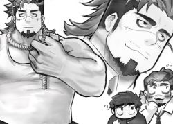 Rule 34 | 2boys, ?, bags under eyes, bara, bare shoulders, belly, blush, boogeyman (housamo), chibi, chibi inset, collage, collared shirt, commentary, expressions, facial hair, flustered, goatee, greyscale, katou (katocut0), large hands, large pectorals, loose necktie, male focus, protagonist 5 (housamo), mature male, medium hair, monochrome, motion lines, multicolored hair, multiple boys, muscular, muscular male, necktie, official alternate costume, pectorals, rope, scar, scar on face, scar on nose, shirt, short hair, smile, stitches, stomach, tank top, thick eyebrows, tokyo houkago summoners, two-tone hair, upper body, yaoi