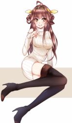 Rule 34 | 10s, 1girl, ahoge, bad id, bad pixiv id, bare shoulders, black footwear, black thighhighs, blush, boots, brown eyes, brown hair, double bun, finger to mouth, grin, hair bun, headgear, high heel boots, high heels, kantai collection, kongou (kancolle), long hair, long legs, looking to the side, meaomao, no pants, parted lips, revision, simple background, sitting, smile, solo, sweater, teeth, thigh boots, thighhighs, very long hair, white background, zettai ryouiki