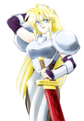 Rule 34 | 1girl, amakasu, arm behind head, armor, bad id, bad pixiv id, blonde hair, blue eyes, breastplate, breasts, bridal gauntlets, corset, elbow gloves, gloves, janne d&#039;arc, large breasts, lipstick, long hair, makeup, pantyhose, pauldrons, sheath, sheathed, shoulder armor, smile, snk, solo, standing, sword, tabard, vambraces, weapon, world heroes