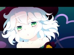 Rule 34 | 1girl, bad id, bad pixiv id, blush, dise (psychoro), female focus, green eyes, hat, heart, heart of string, highres, komeiji koishi, letterboxed, off shoulder, open mouth, short hair, silver hair, solo, touhou