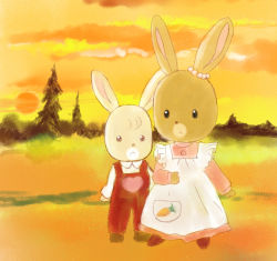 Rule 34 | 1980s (style), 1boy, 1girl, apron, brothers, rabbit, dress, frown, furry, furry female, furry male, heart, maple town, oldschool, patty (maple town), retro artstyle, shirt, shoes, siblings, sister, sun, sunset, tree