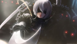 Rule 34 | 1girl, black blindfold, black dress, blindfold, blurry, blurry background, breasts, cleavage, dark background, dress, facing viewer, highres, limgae, lips, machine, medium breasts, mole, mole under mouth, nier (series), nier:automata, revision, robot, silver hair, solo, sword, upper body, watermark, weapon, weapon on back, web address, 2b (nier:automata)