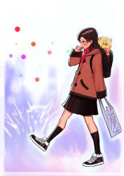 Rule 34 | 10s, 1girl, backpack, bag, blush, brown eyes, brown hair, bubble, blowing bubbles, bukimi isan, coat, commentary request, crossover, idolmaster, idolmaster million live!, kitazawa shiho, kneehighs, light smile, long hair, plastic bag, profile, red scarf, scarf, shoes, skirt, sneakers, soap bubbles, socks, solo, stuffed toy, walking