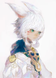 Rule 34 | 1girl, animal ears, cat ears, closed mouth, coat, facial mark, final fantasy, final fantasy xiv, from side, green eyes, hair tubes, miqo&#039;te, sidelocks, simple background, solo, upper body, whisker markings, white background, white coat, white hair, yogisya