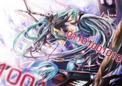 Rule 34 | 1girl, 23ichiya, aqua hair, bad id, bad pixiv id, binary, bridal gauntlets, cd, gloves, hands on own face, hatsune miku, hatsune miku (append), highres, instrument, keyboard (instrument), long hair, microphone, microphone stand, reflection, solo, twintails, very long hair, vocaloid, vocaloid append